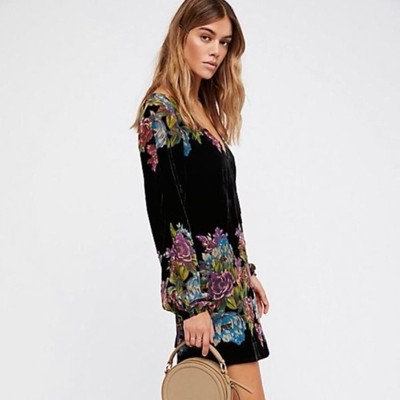 Free People Misha Burnout Black Velvet Mini Dress, Boho Witchy Floral, Size Sm - Picture 2 of 16